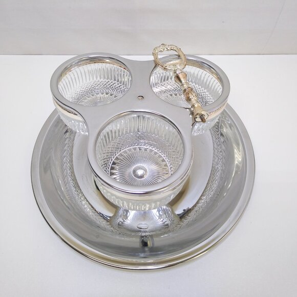 Kromex Stainless Steel Serving Caddy Three Glass Inserts Carry Handle Vintage - Picture 5 of 8